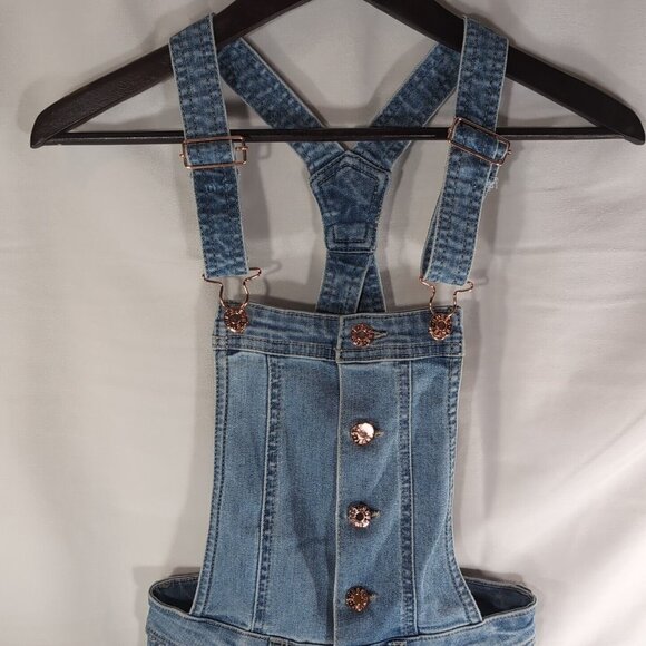 Guess Jeans Lightwash Blue Denim Rose Gold Overalls Distressed Women's 24 Pants - Picture 2 of 14